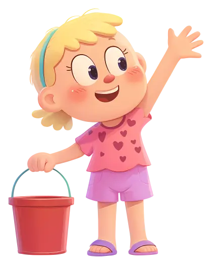 Blonde Cartoon Girl Waving with Red Bucket