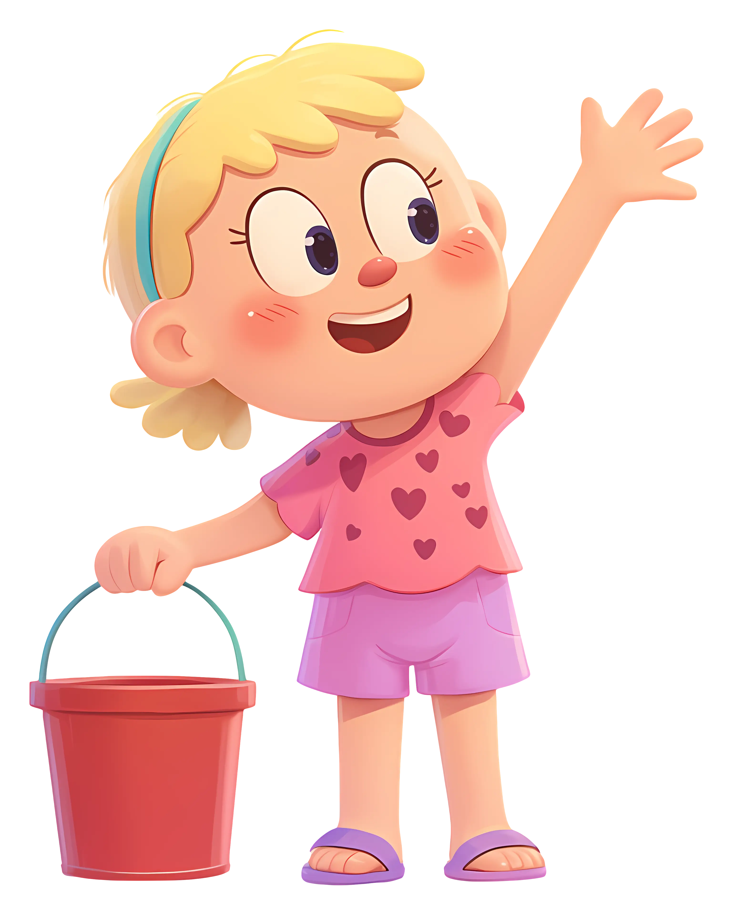 Blonde Cartoon Girl Waving with Red Bucket