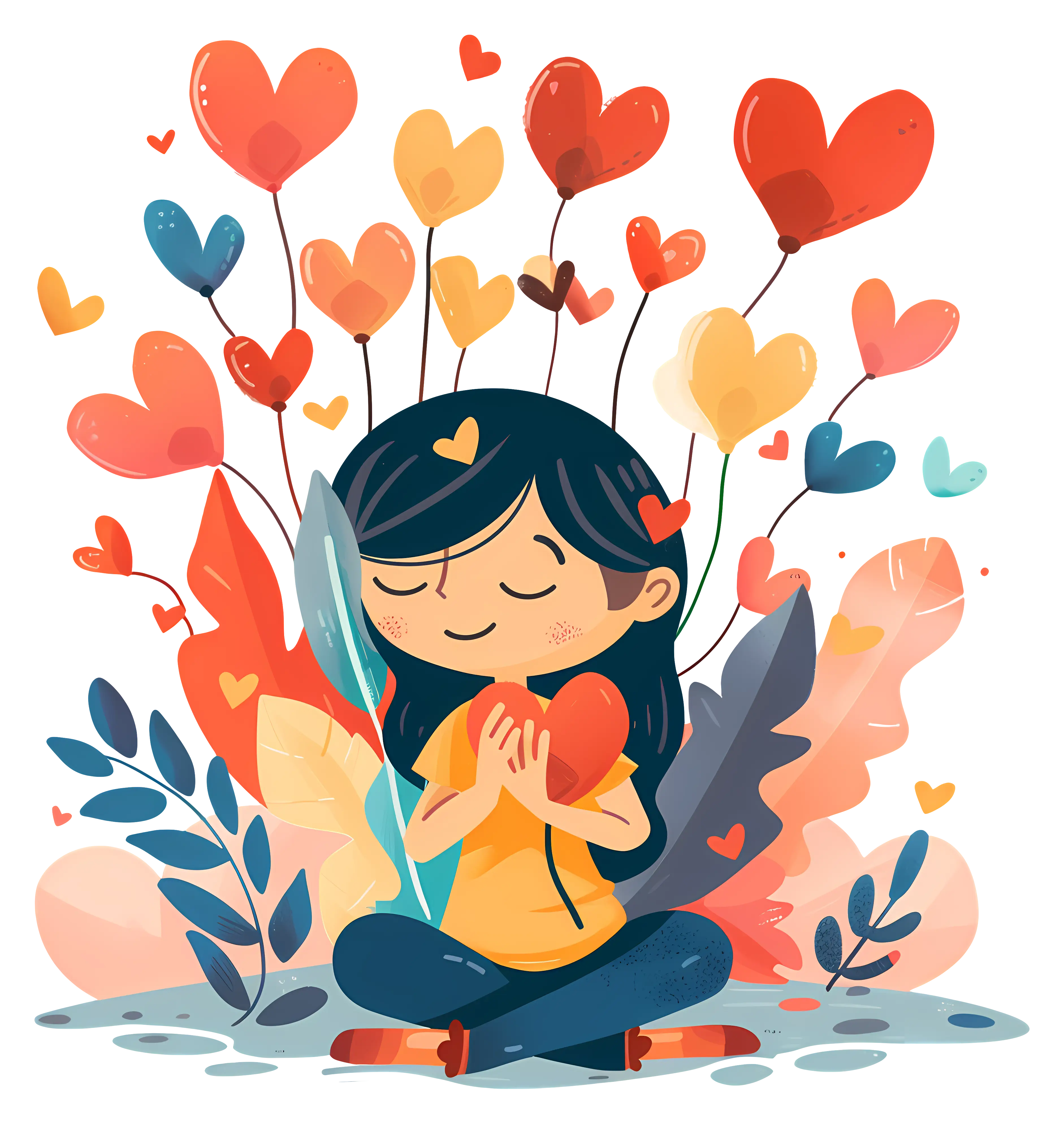Girl Meditating with Hearts