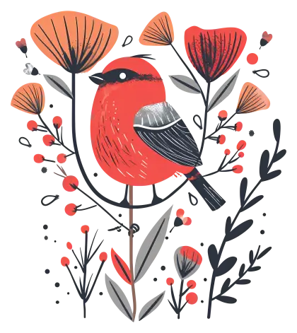 Red Bird with Flowers
