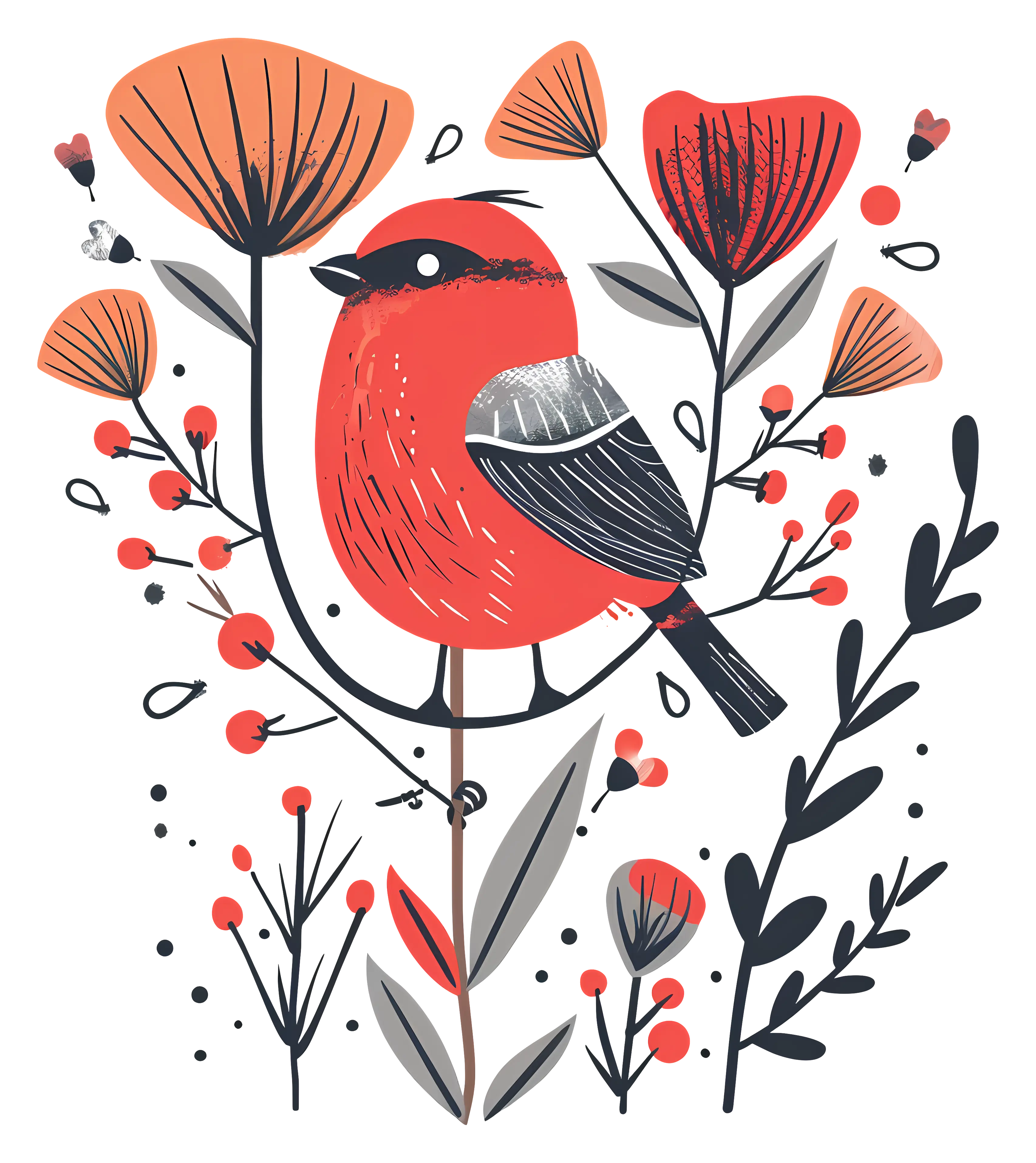 Red Bird with Flowers