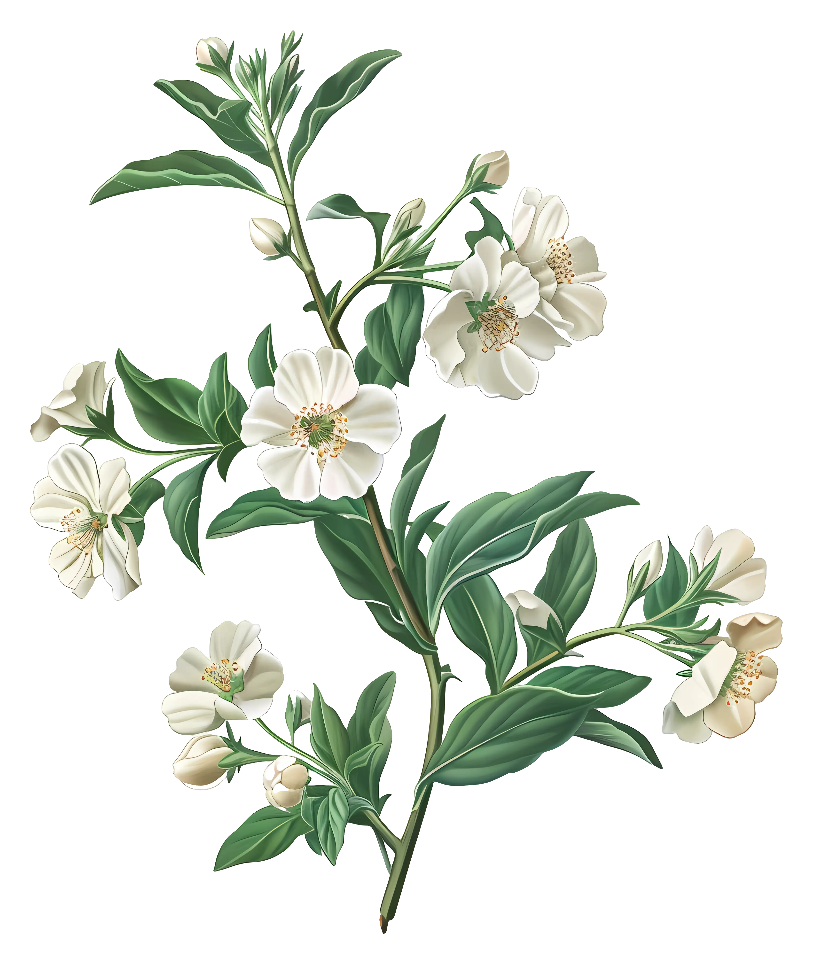 White Jasmine Flowers and Leaves Illustration