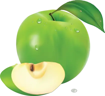 Green Apple with Fresh Slices and Leaves