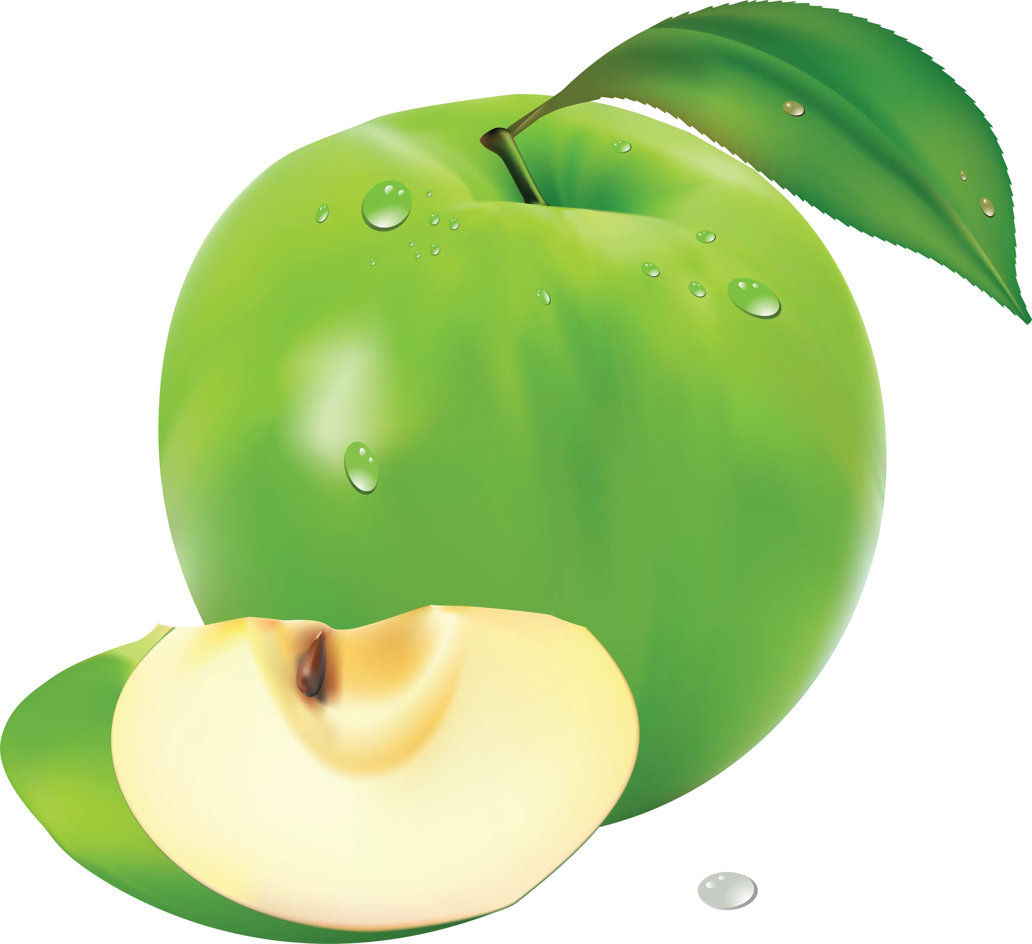 Green Apple with Fresh Slices and Leaves