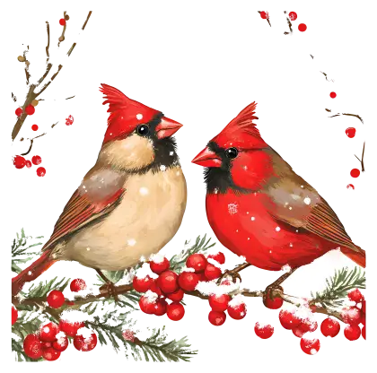Cardinals on Snowy Branch with Berries