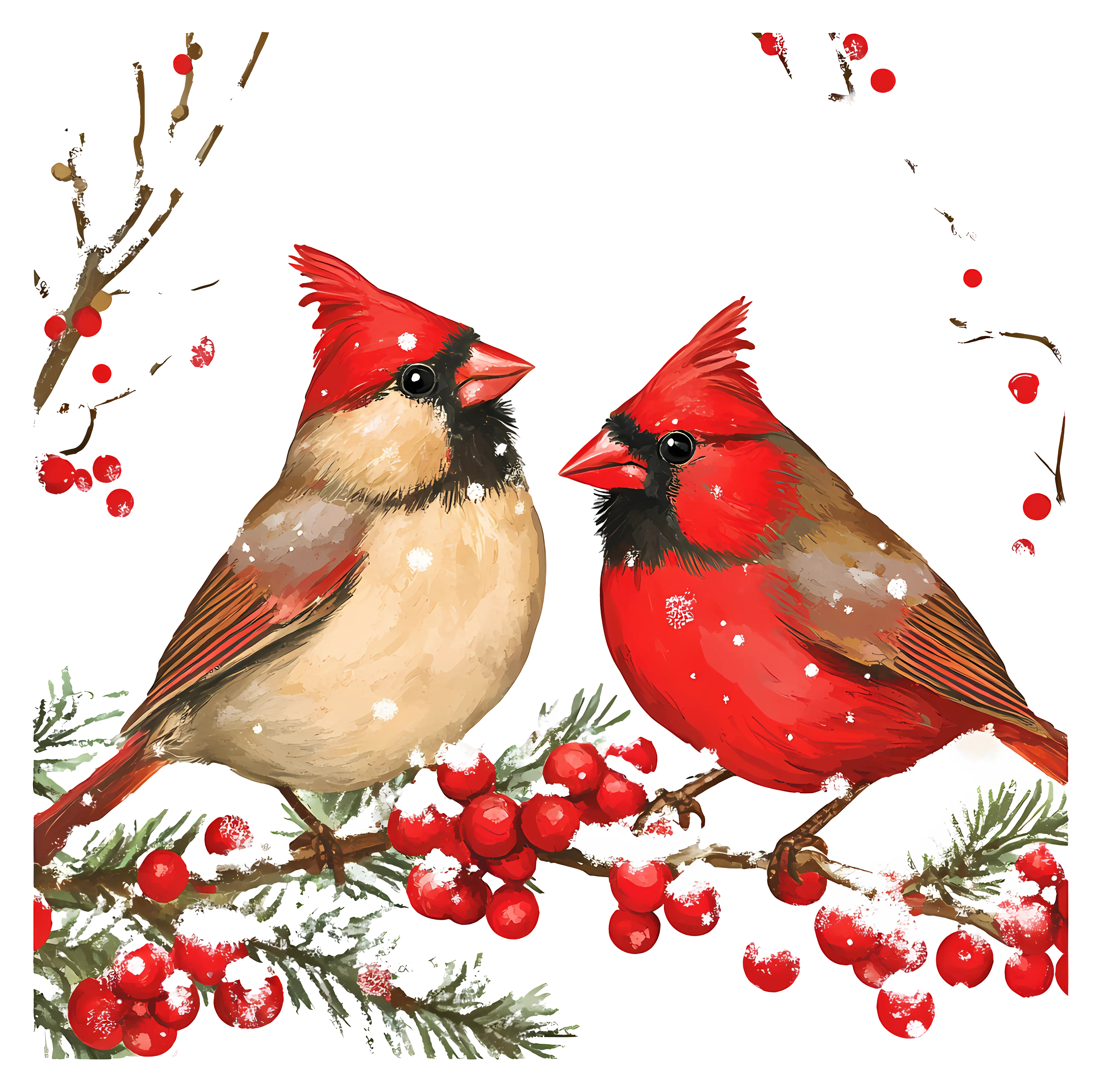 Cardinals on Snowy Branch with Berries