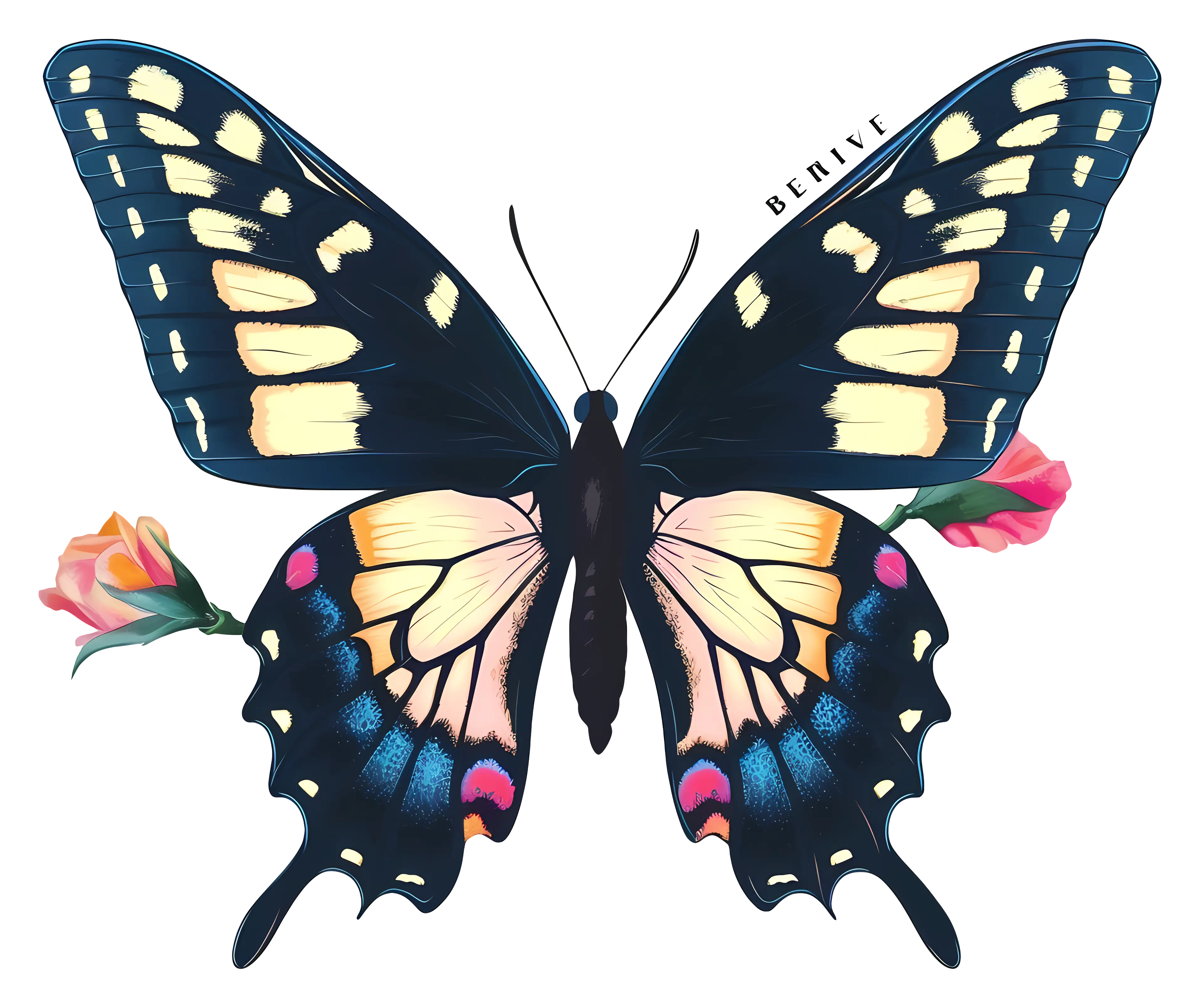 Decorative Butterfly with Vibrant Colors and Flowers