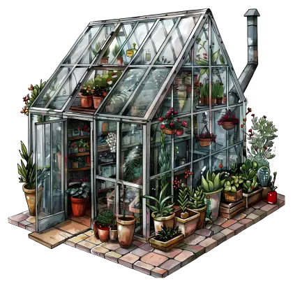 Lush Glass Greenhouse with Plants