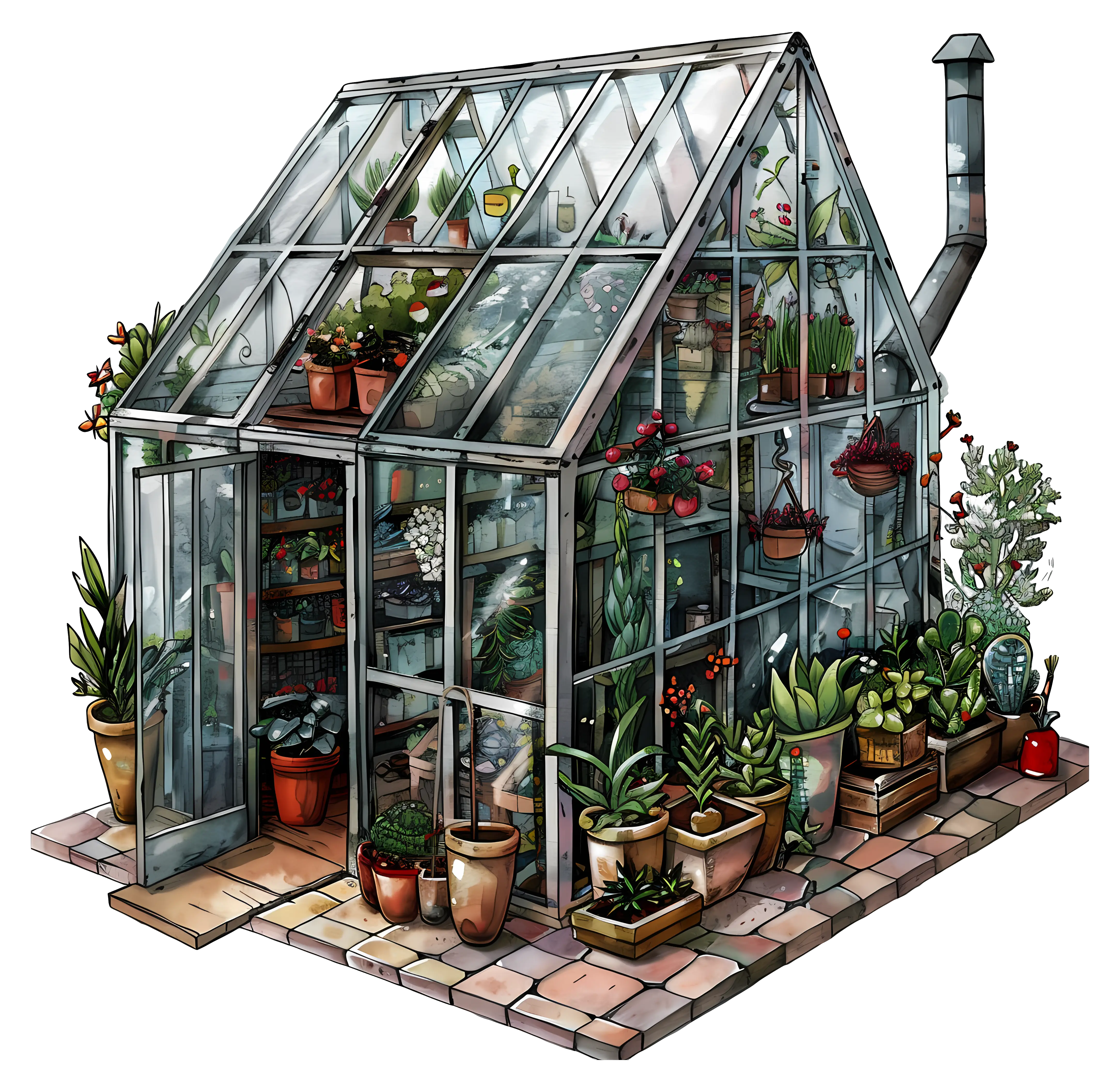 Lush Glass Greenhouse with Plants