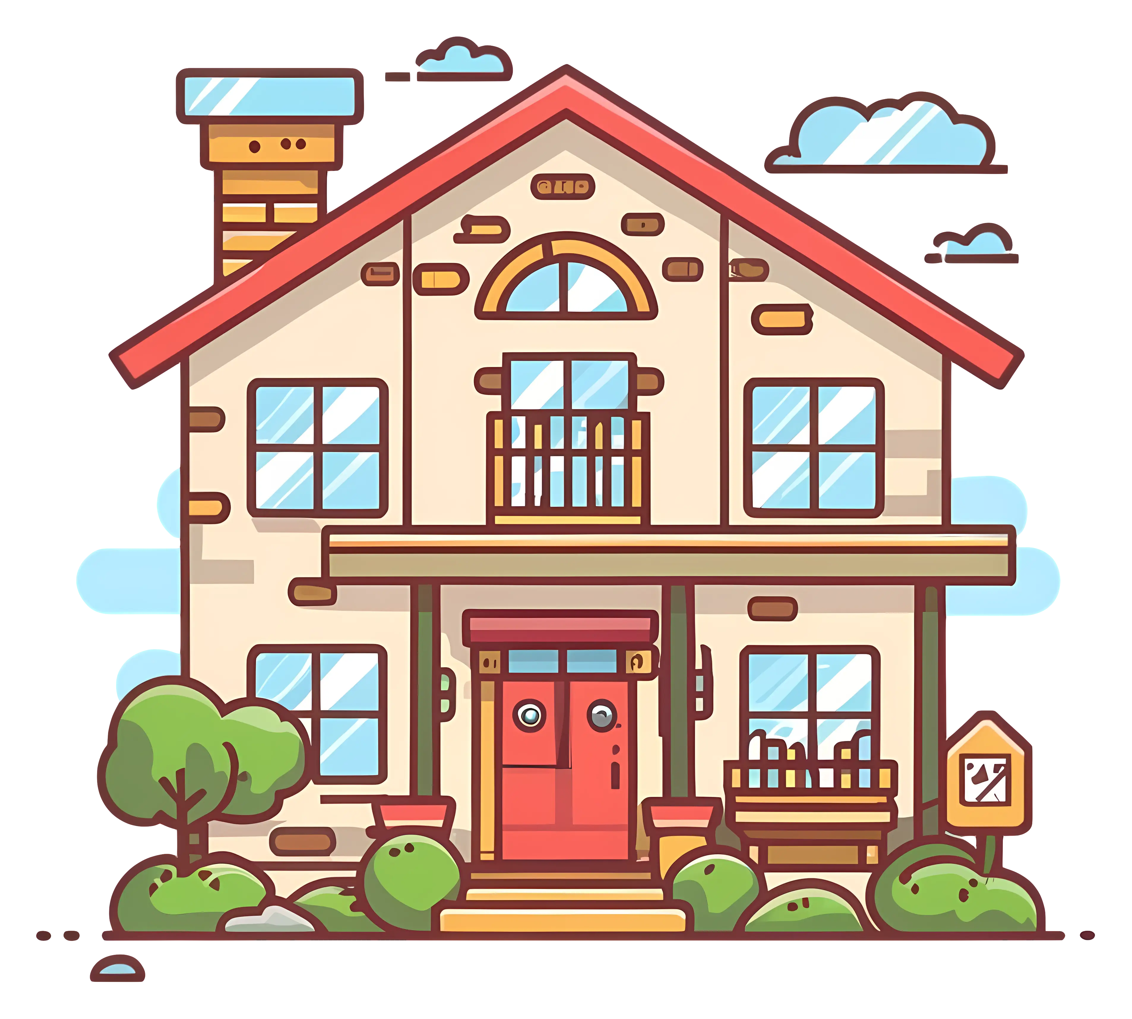 Cartoon House with Red Roof Illustration