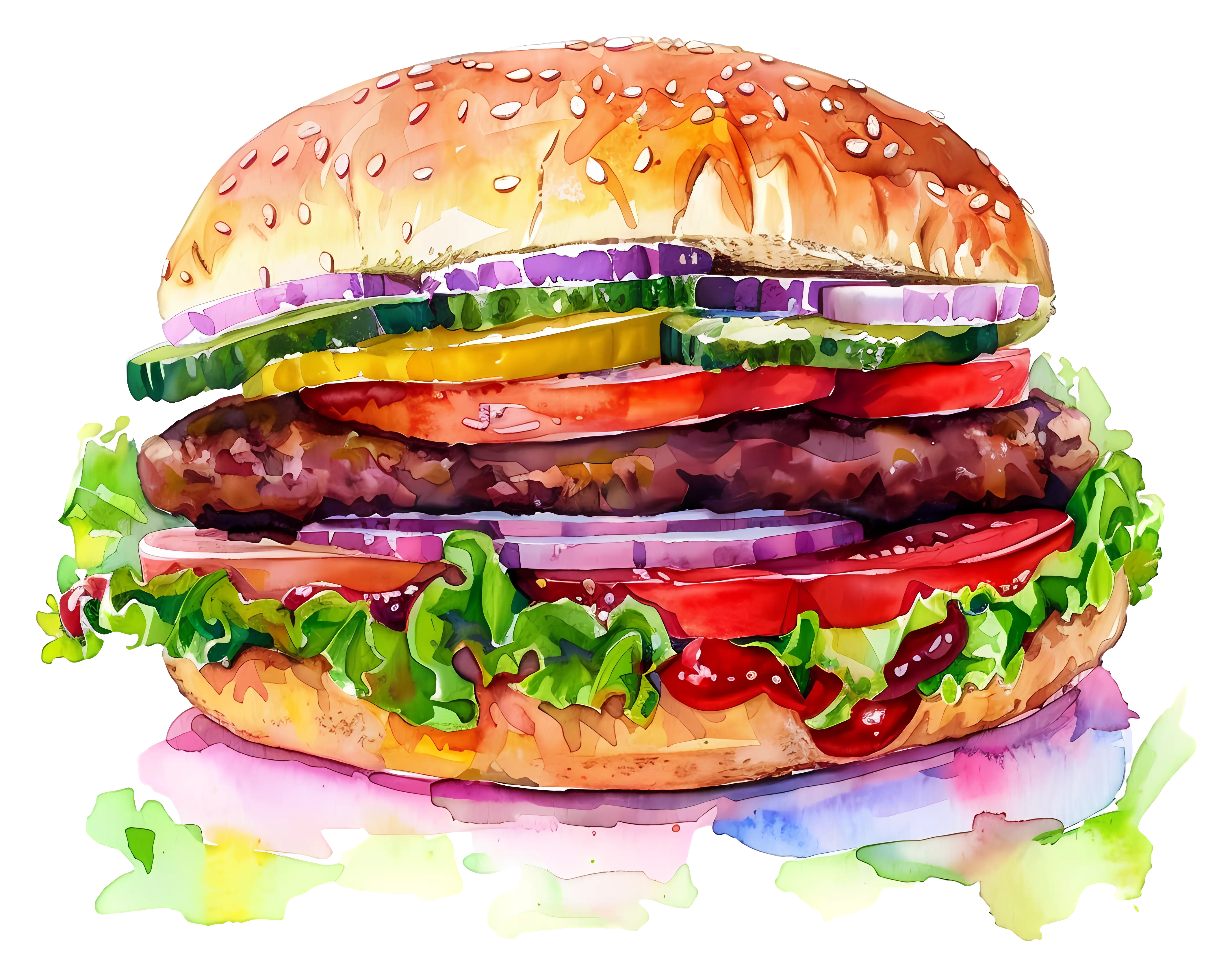 Watercolor Style Delicious Burger Illustration