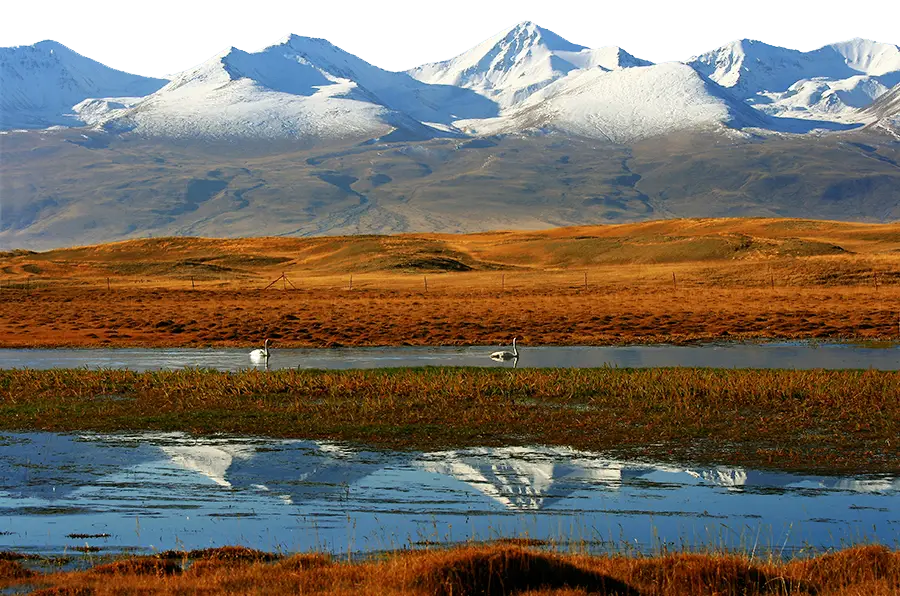Snowy Mountains with Lake Reflection