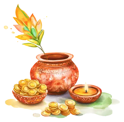 Coins with Festive Pot and Decorations