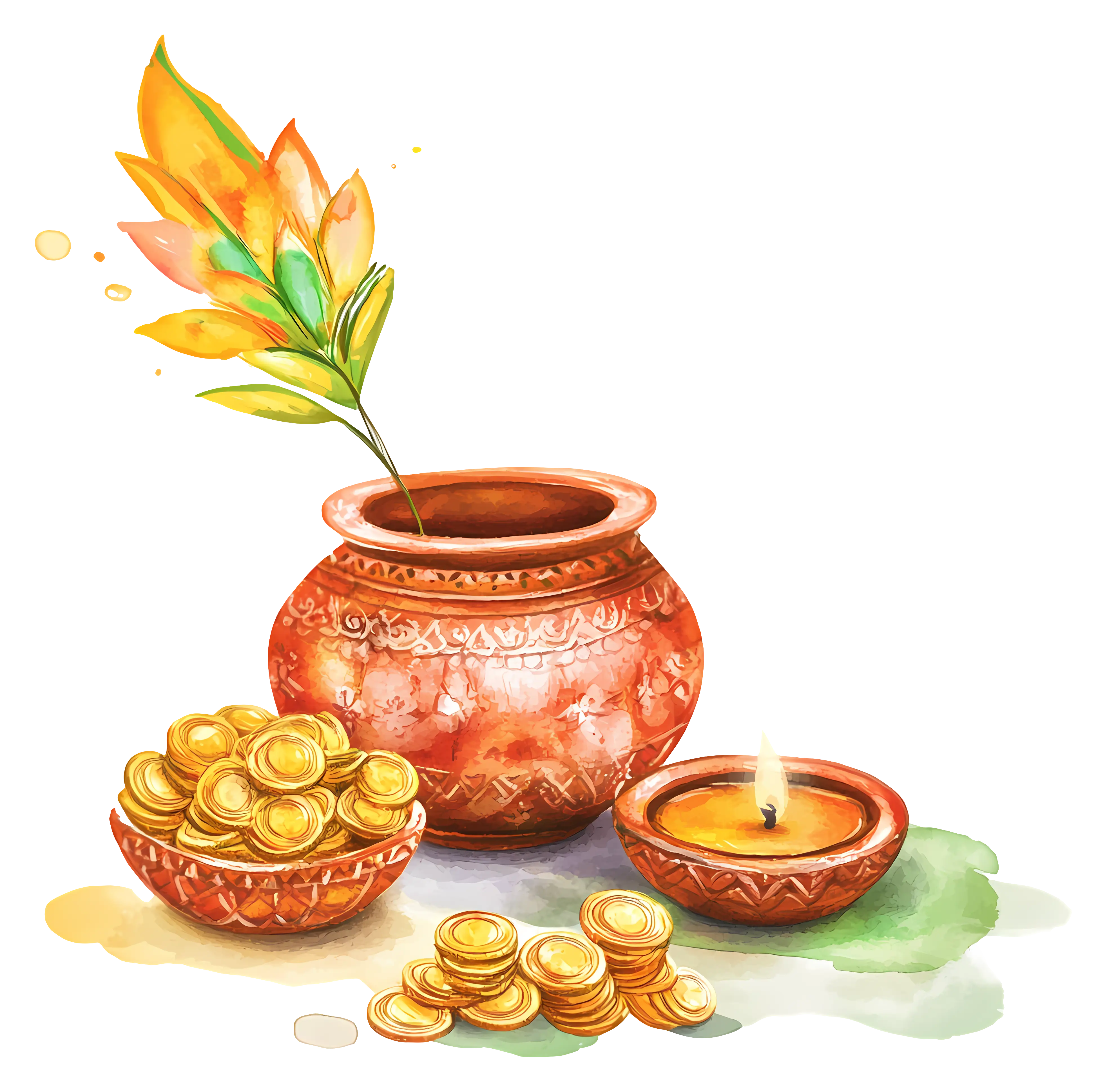 Coins with Festive Pot and Decorations