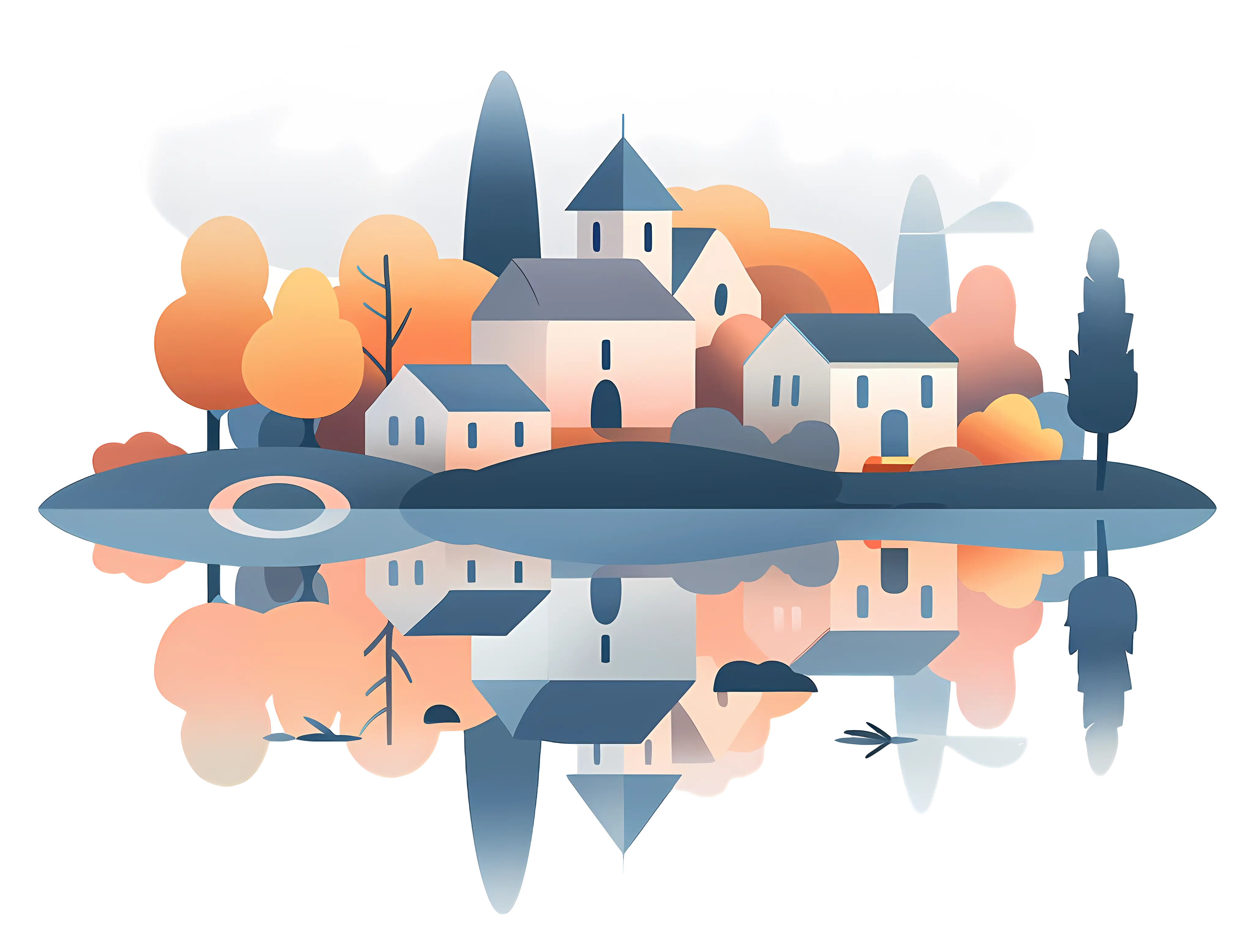 Peaceful Village with Reflection