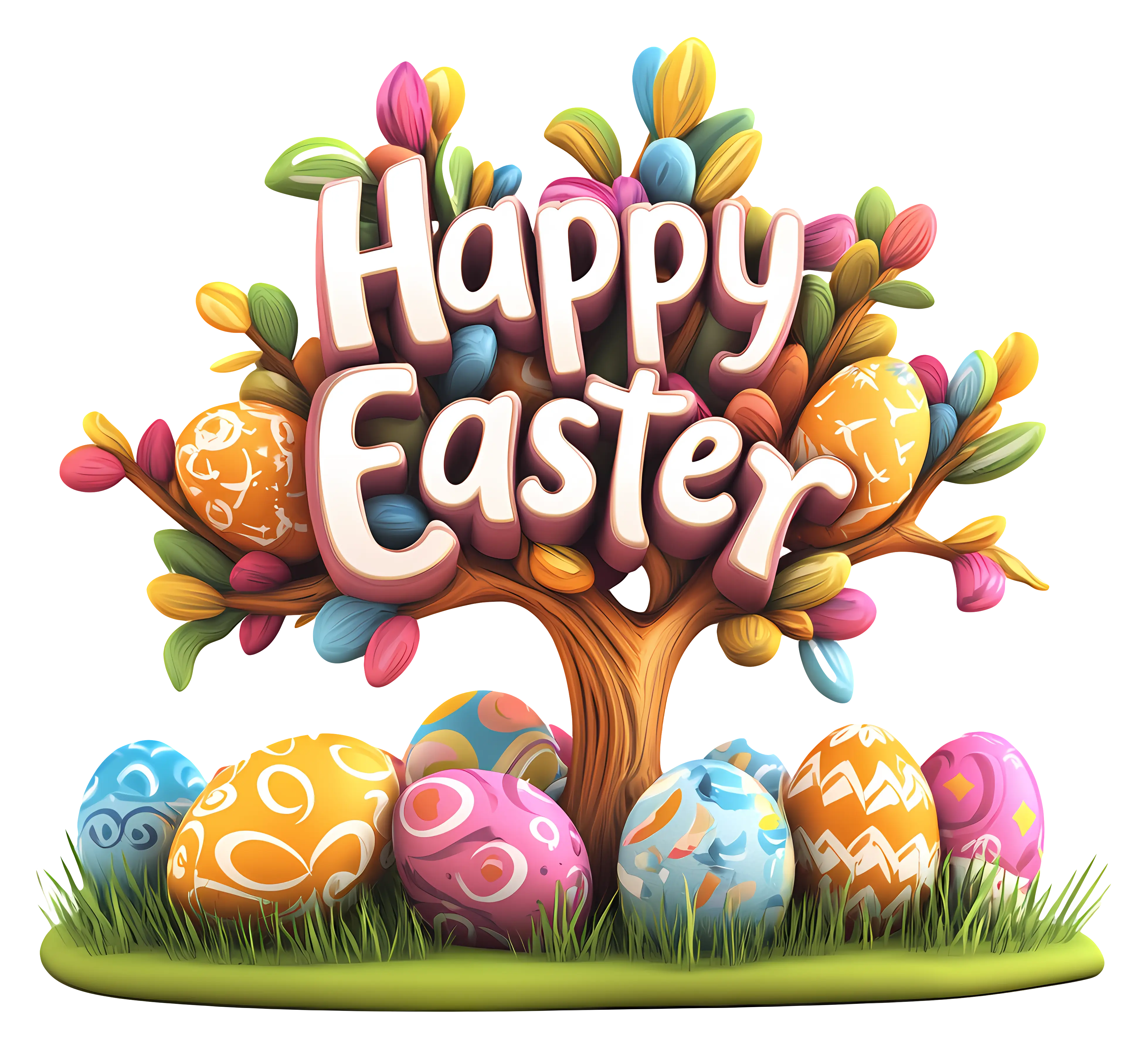 Colorful Happy Easter Tree with Eggs