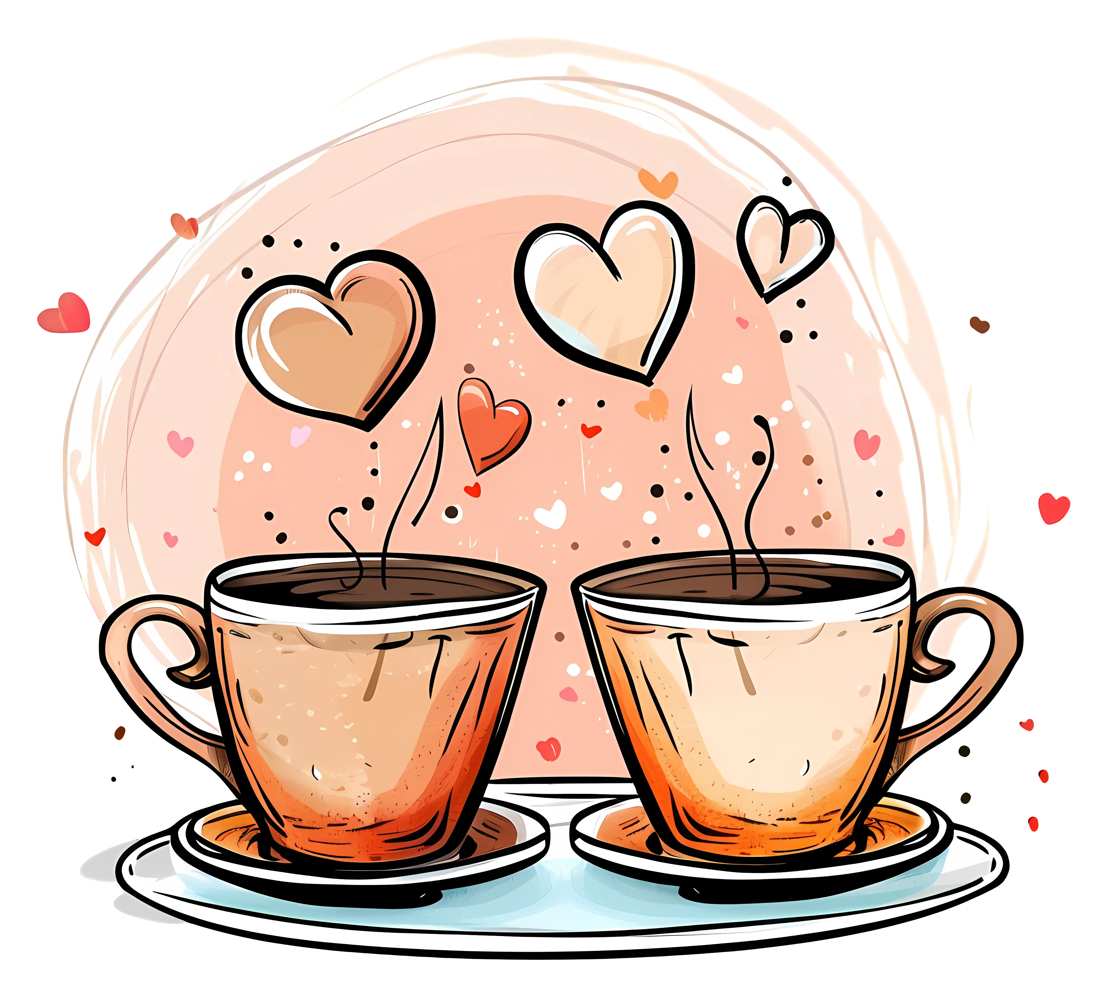 Two Coffee Cups with Hearts Illustration
