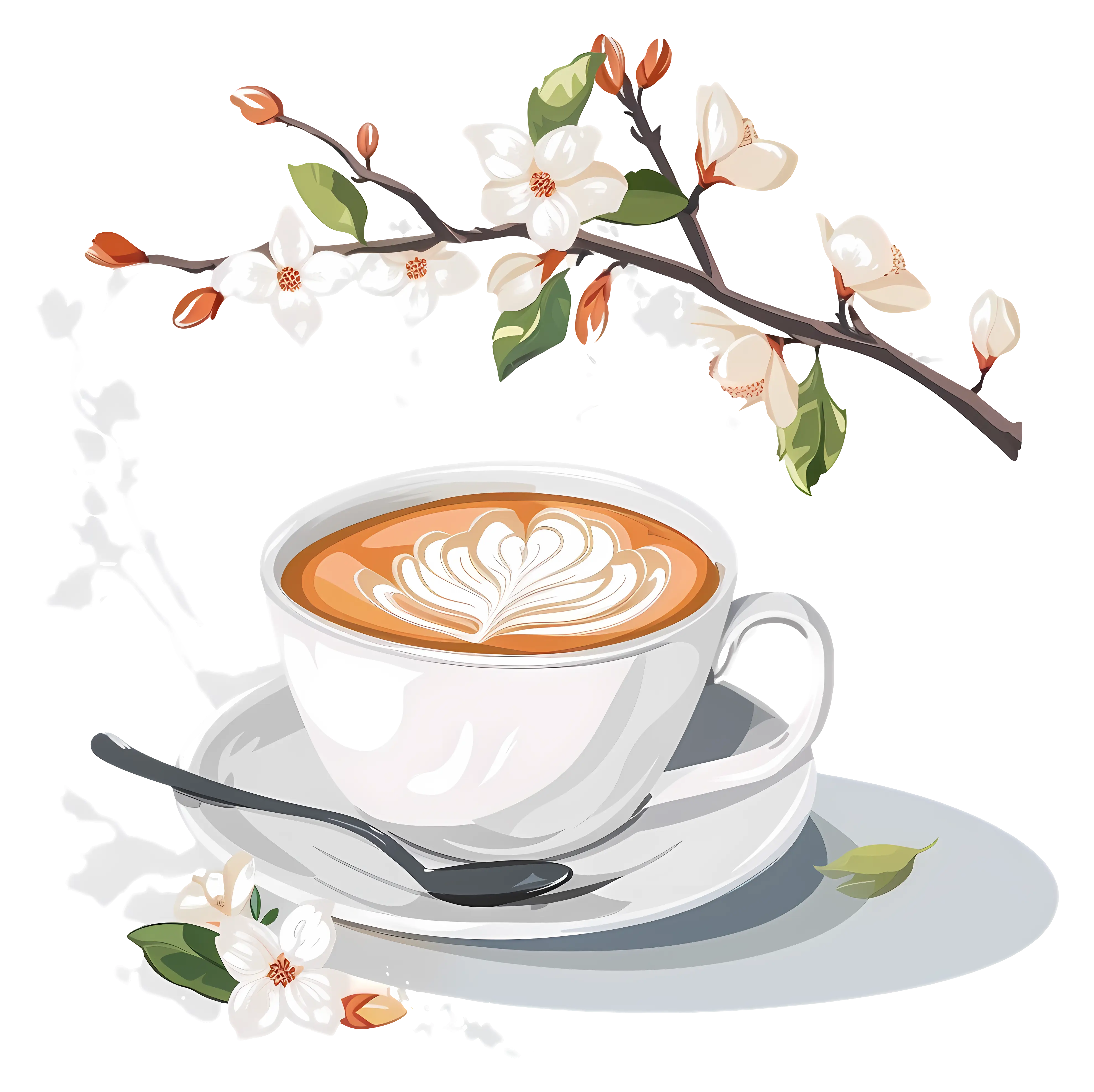 Elegant Coffee Cup with Latte Art and Floral Decoration
