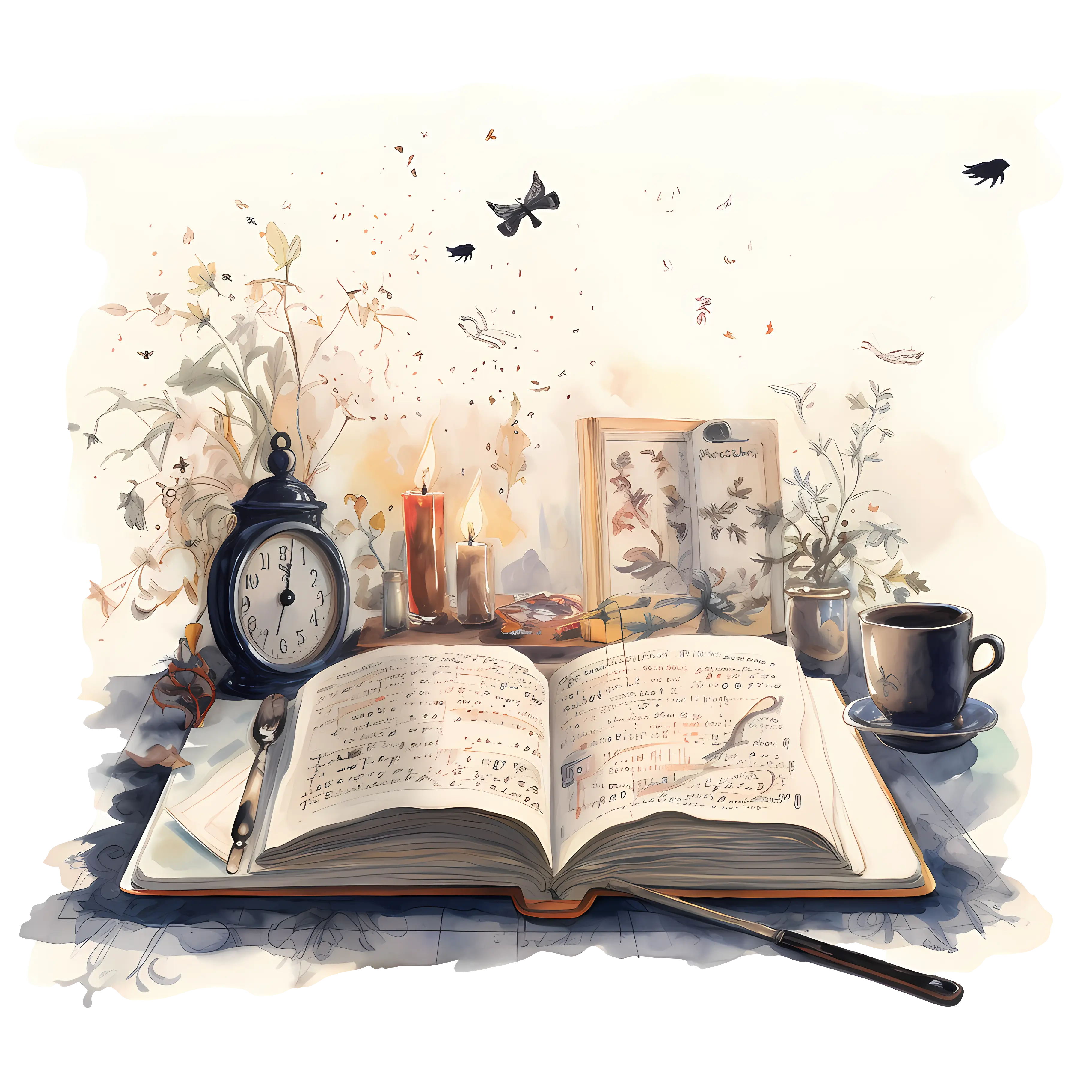 Open Book with Clock and Candles