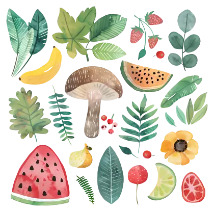 Watercolor Fruits and Leaves