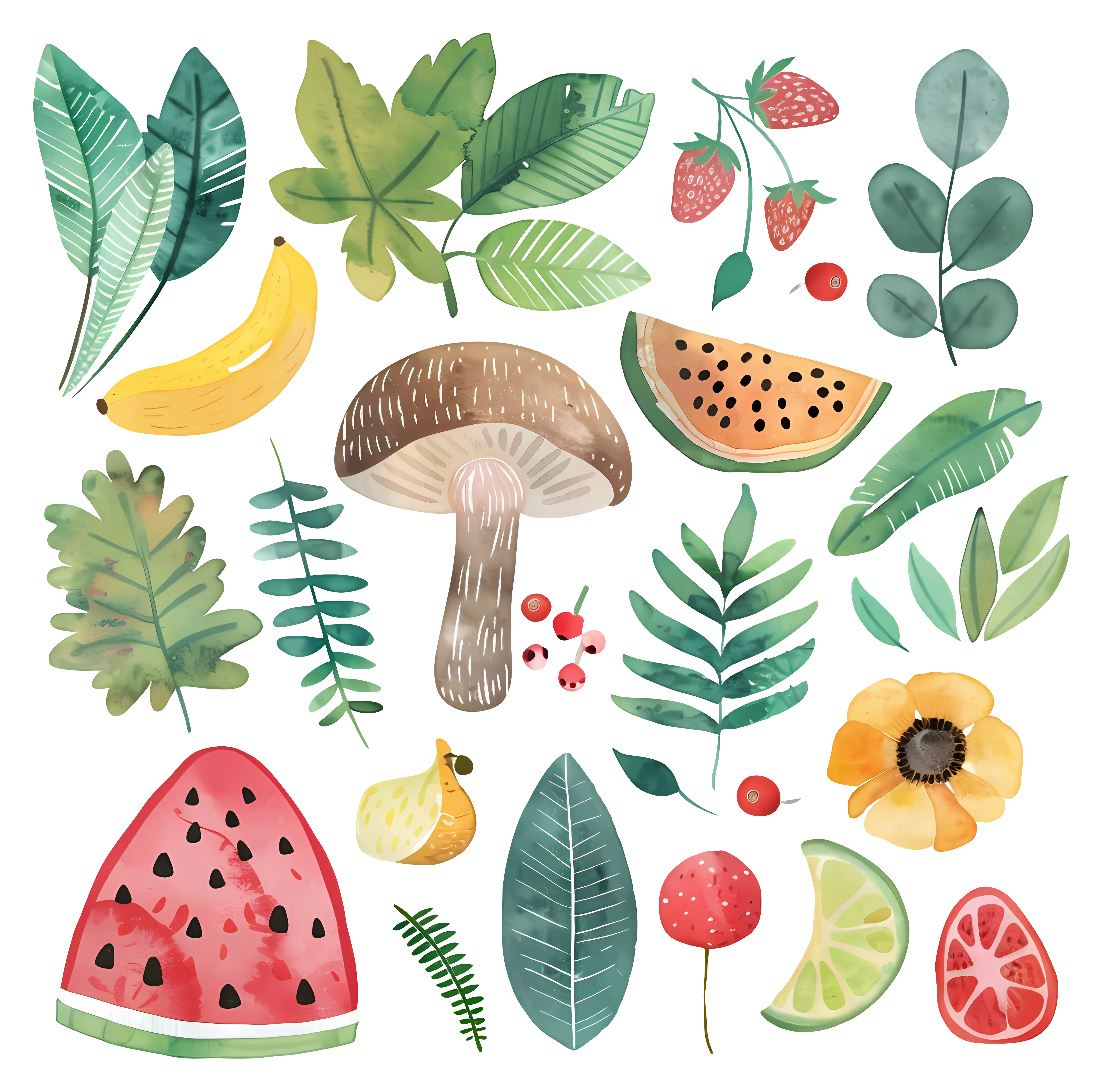 Watercolor Fruits and Leaves