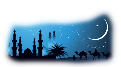 Nighttime Mosque and Crescent Moon