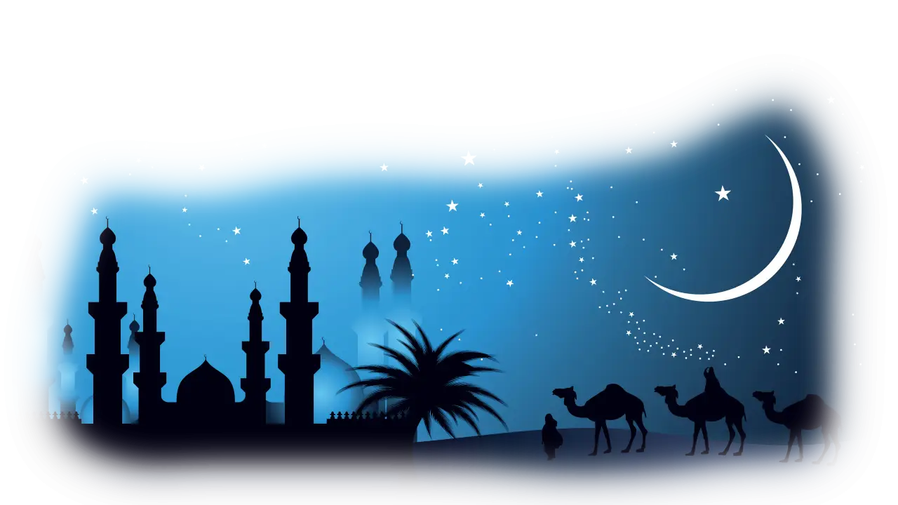 Nighttime Mosque and Crescent Moon