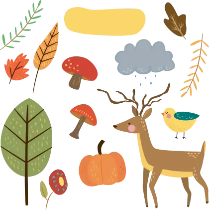 Cartoon Autumn Forest Elements with a Deer