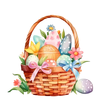 Colorful Easter Basket with Eggs and Flowers
