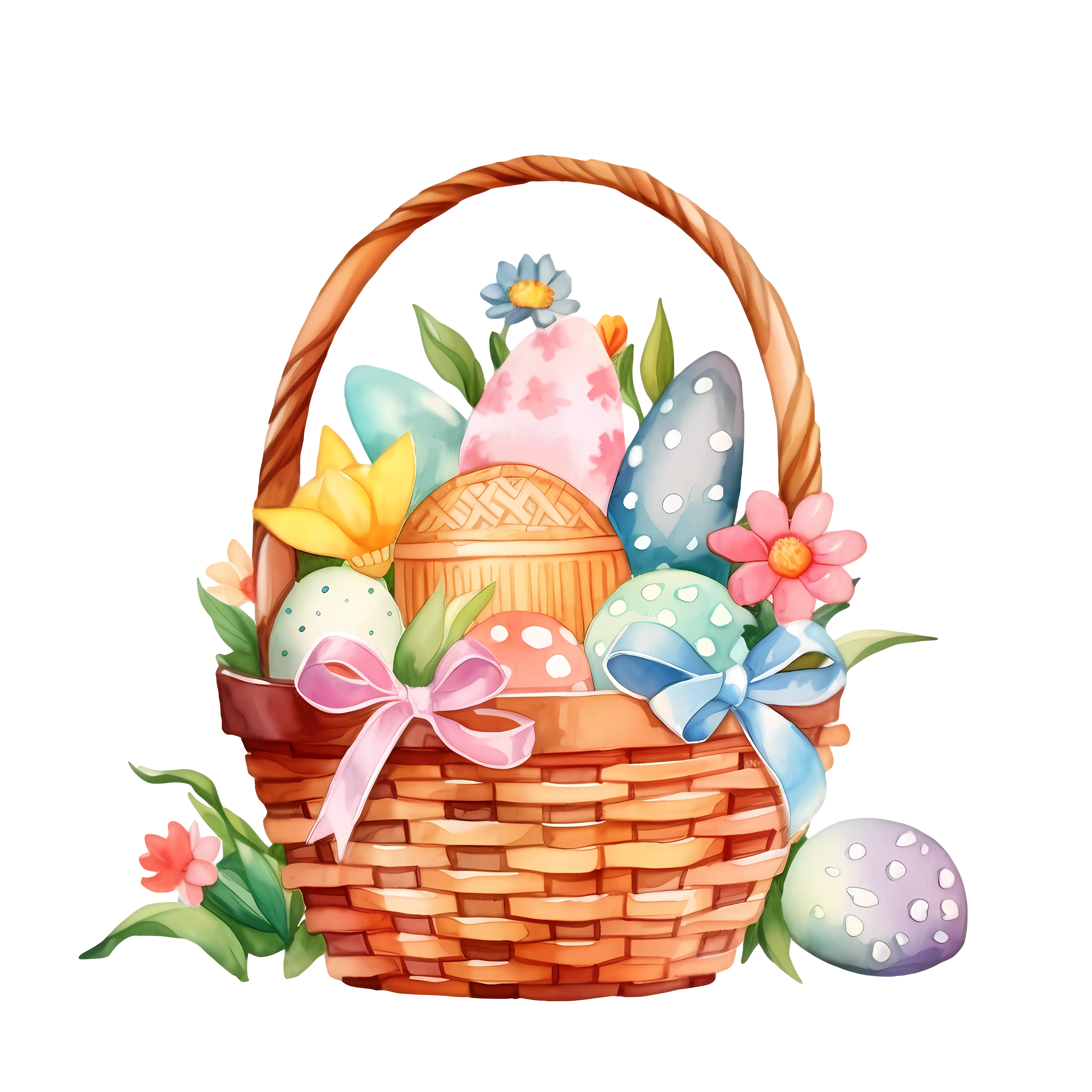 Colorful Easter Basket with Eggs and Flowers