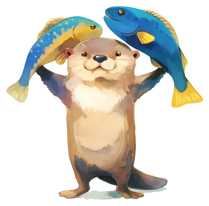 Playful Otter Holding Fish Illustration