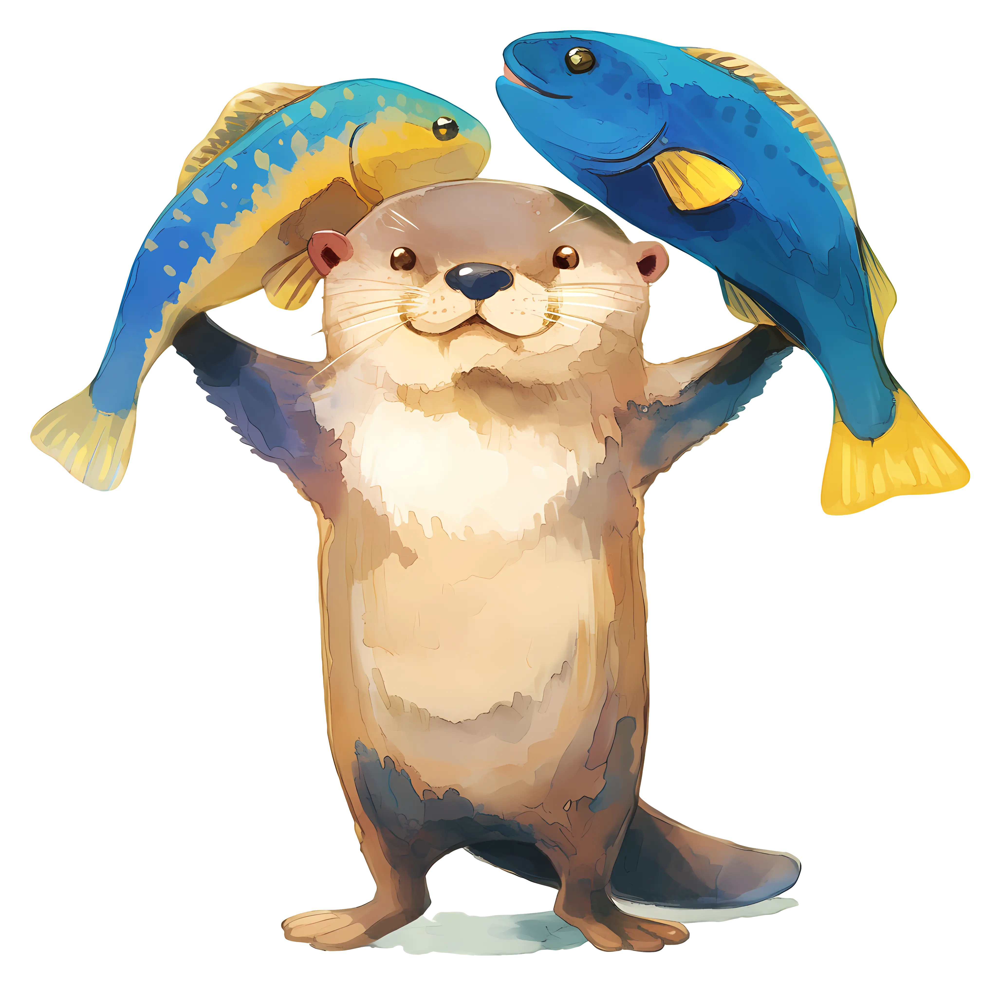 Playful Otter Holding Fish Illustration