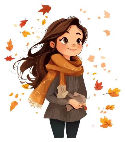 Autumn Girl with Scarf and Falling Leaves