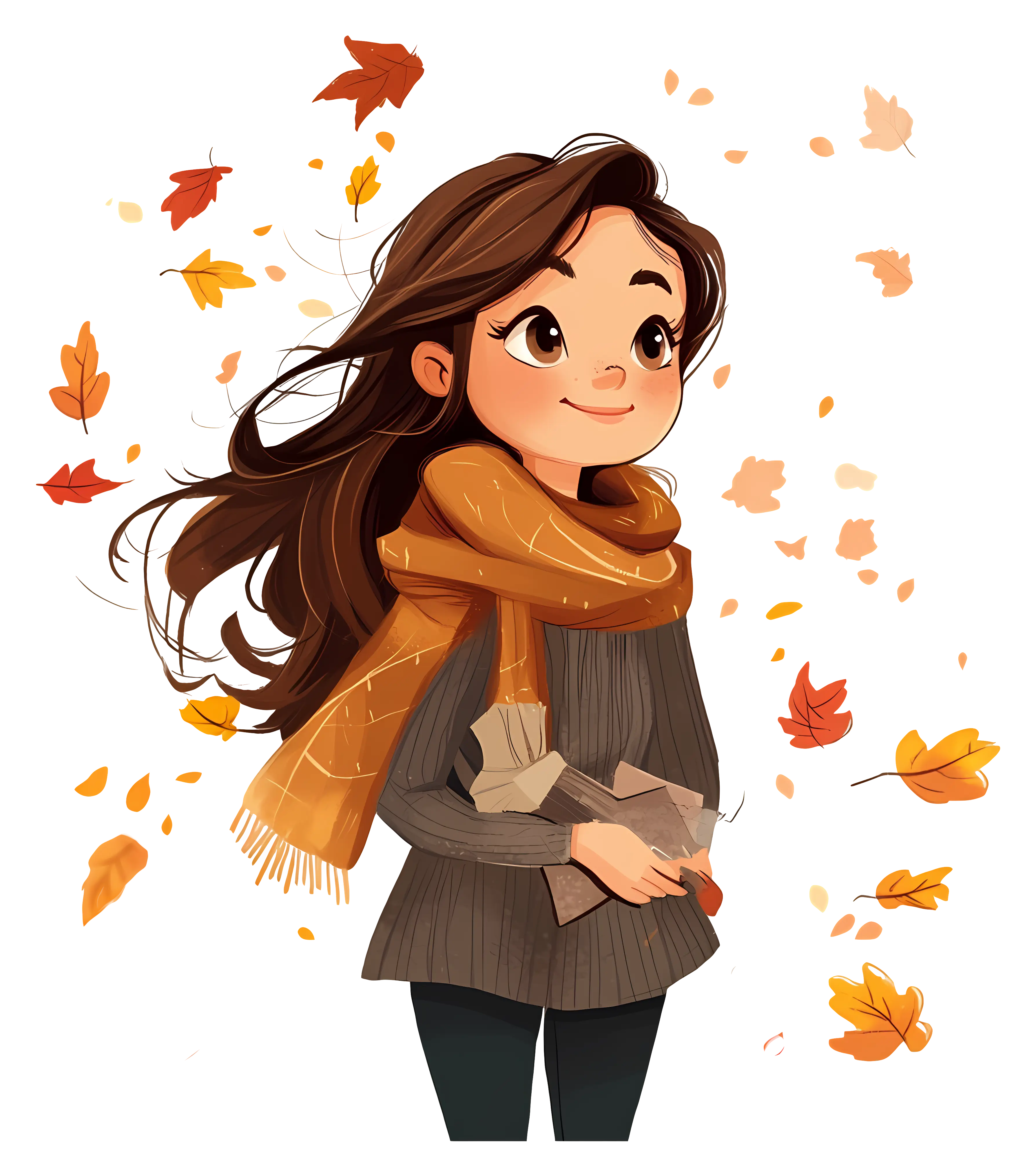 Autumn Girl with Scarf and Falling Leaves