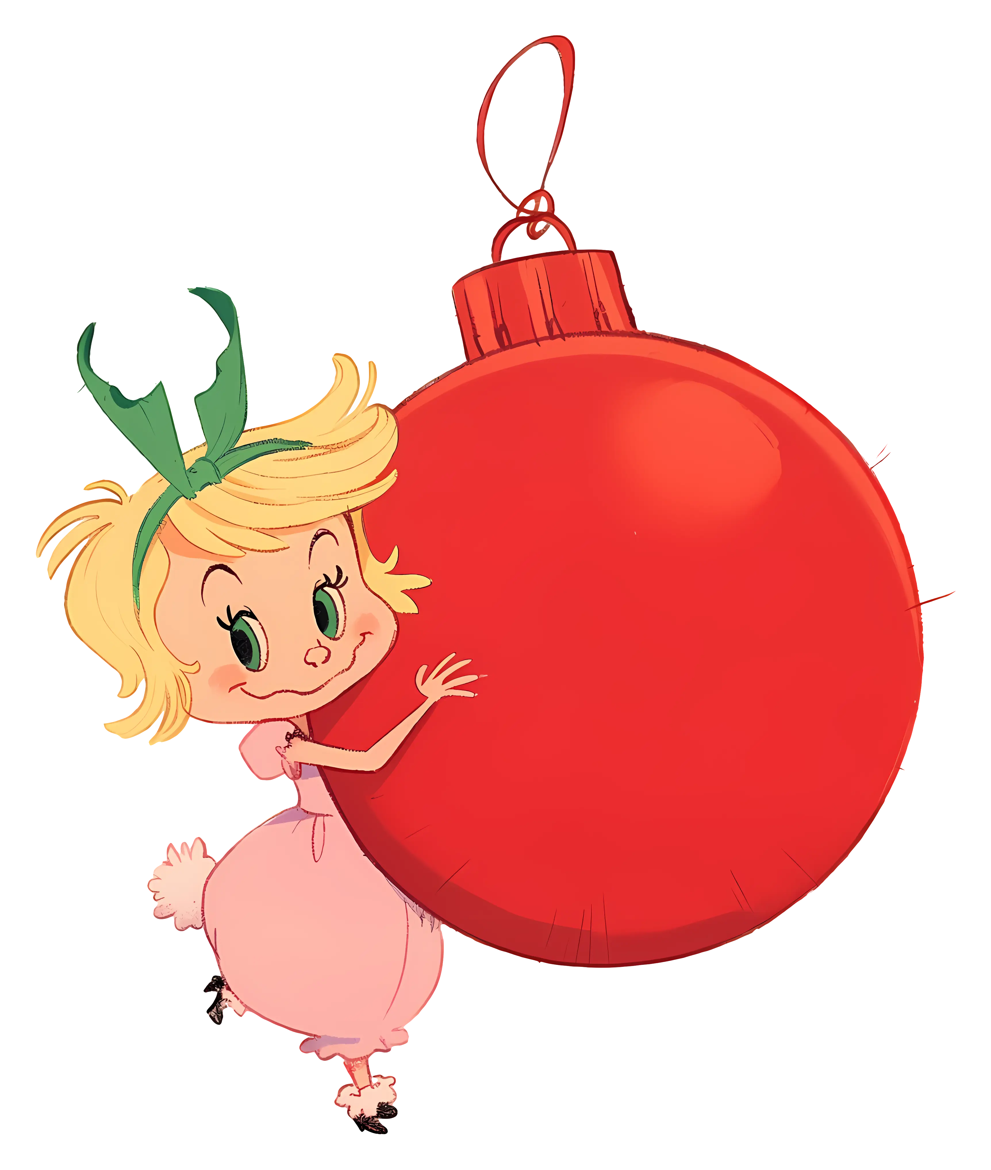 Cartoon Girl Holding a Red Christmas Bauble