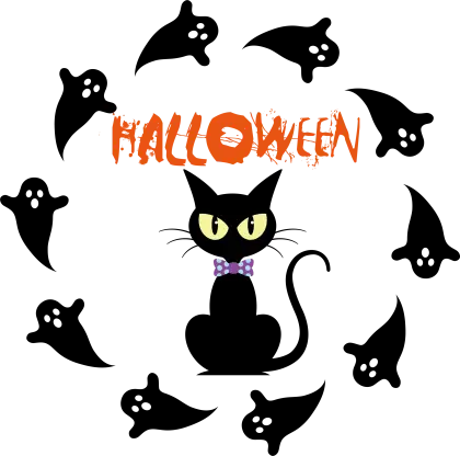 Halloween Black Cat Surrounded by Ghosts