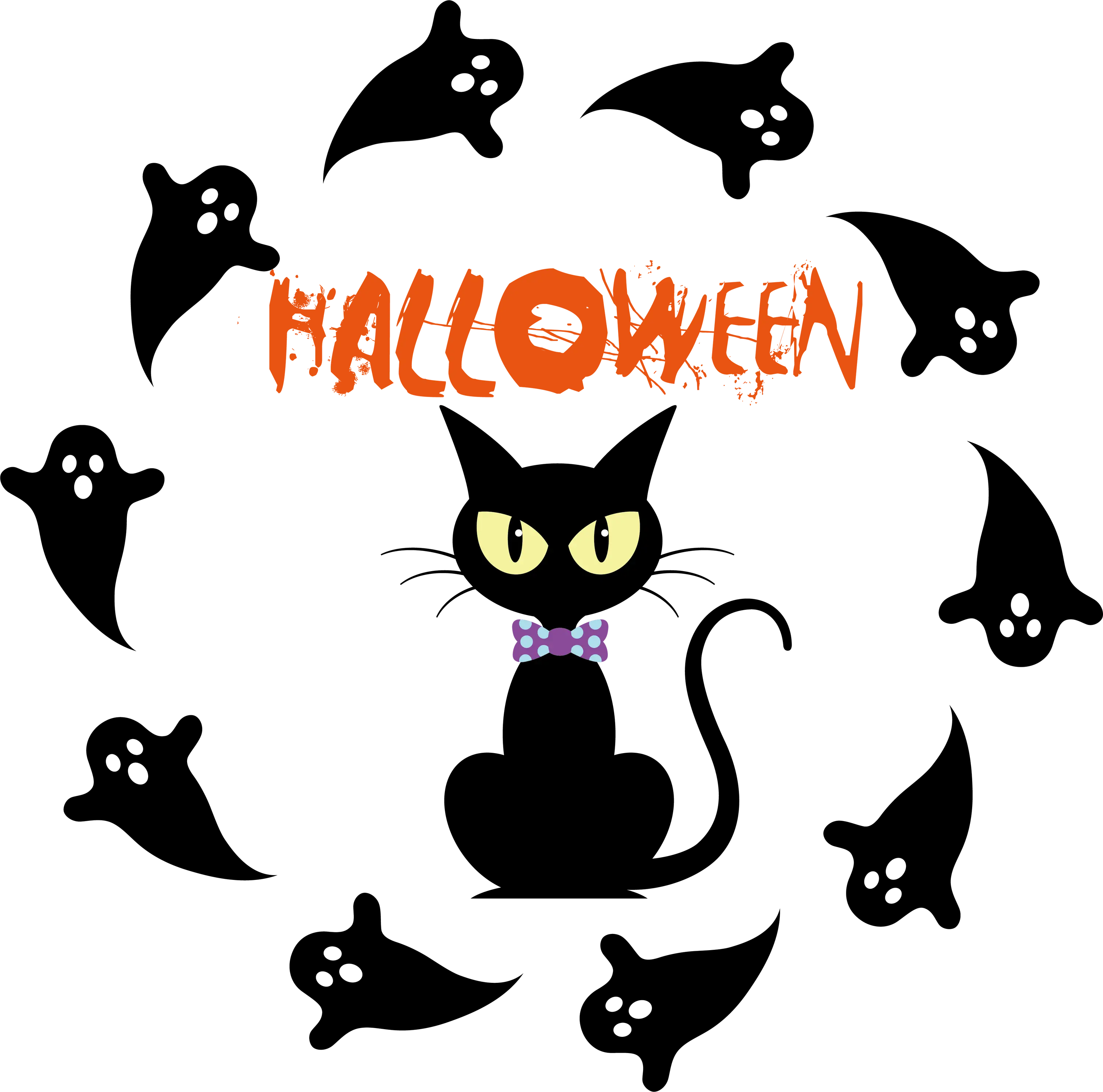 Halloween Black Cat Surrounded by Ghosts