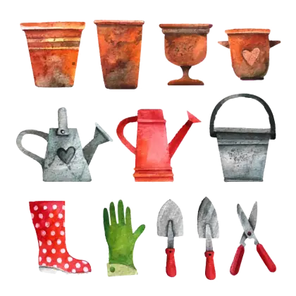 Watercolor Gardening Tools and Accessories