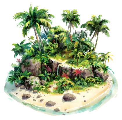 Tropical Island with Palm Trees and Sandy Beach