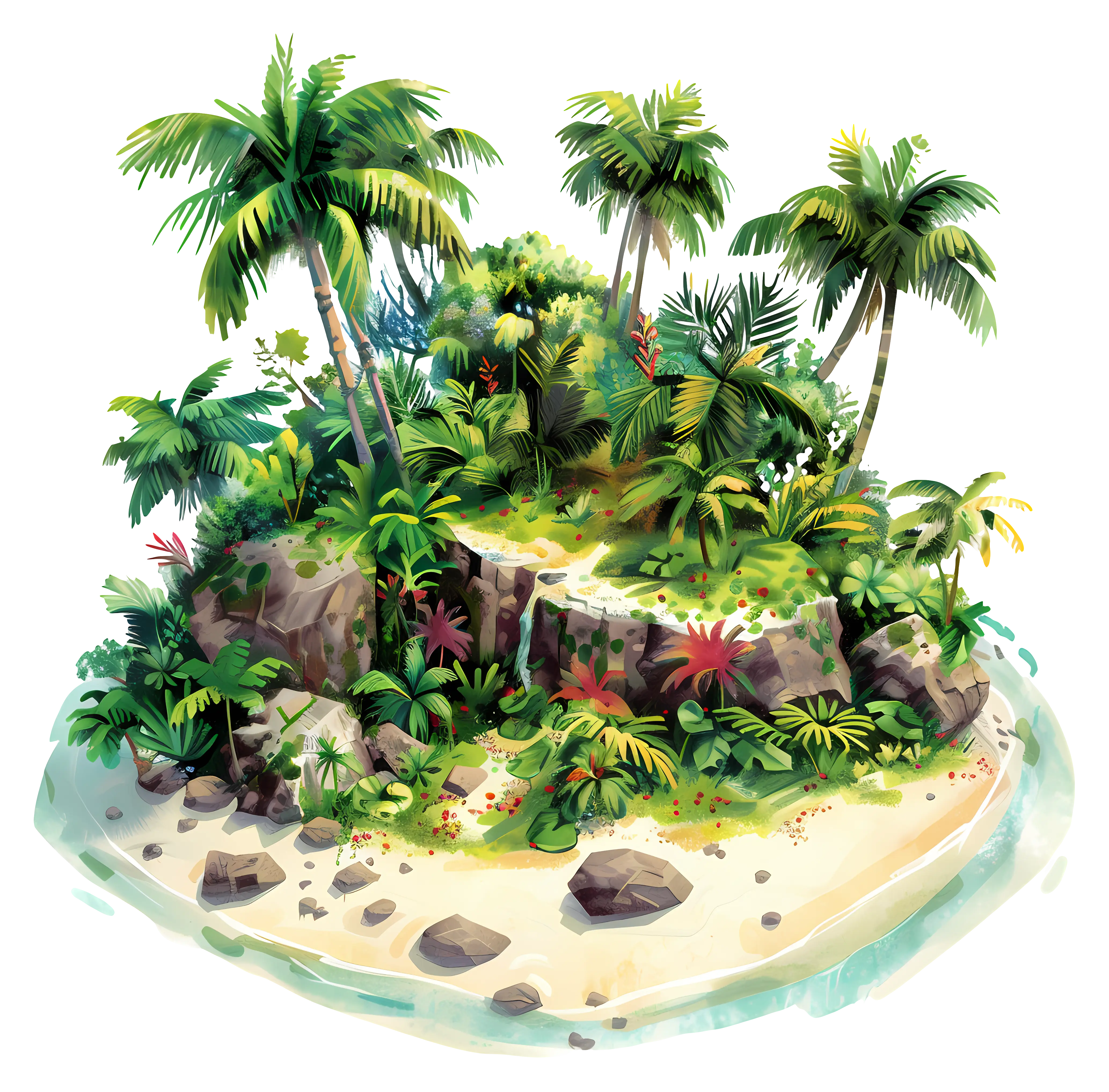 Tropical Island with Palm Trees and Sandy Beach