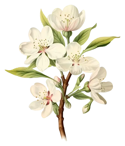 White Apple Blossoms with Buds and Leaves