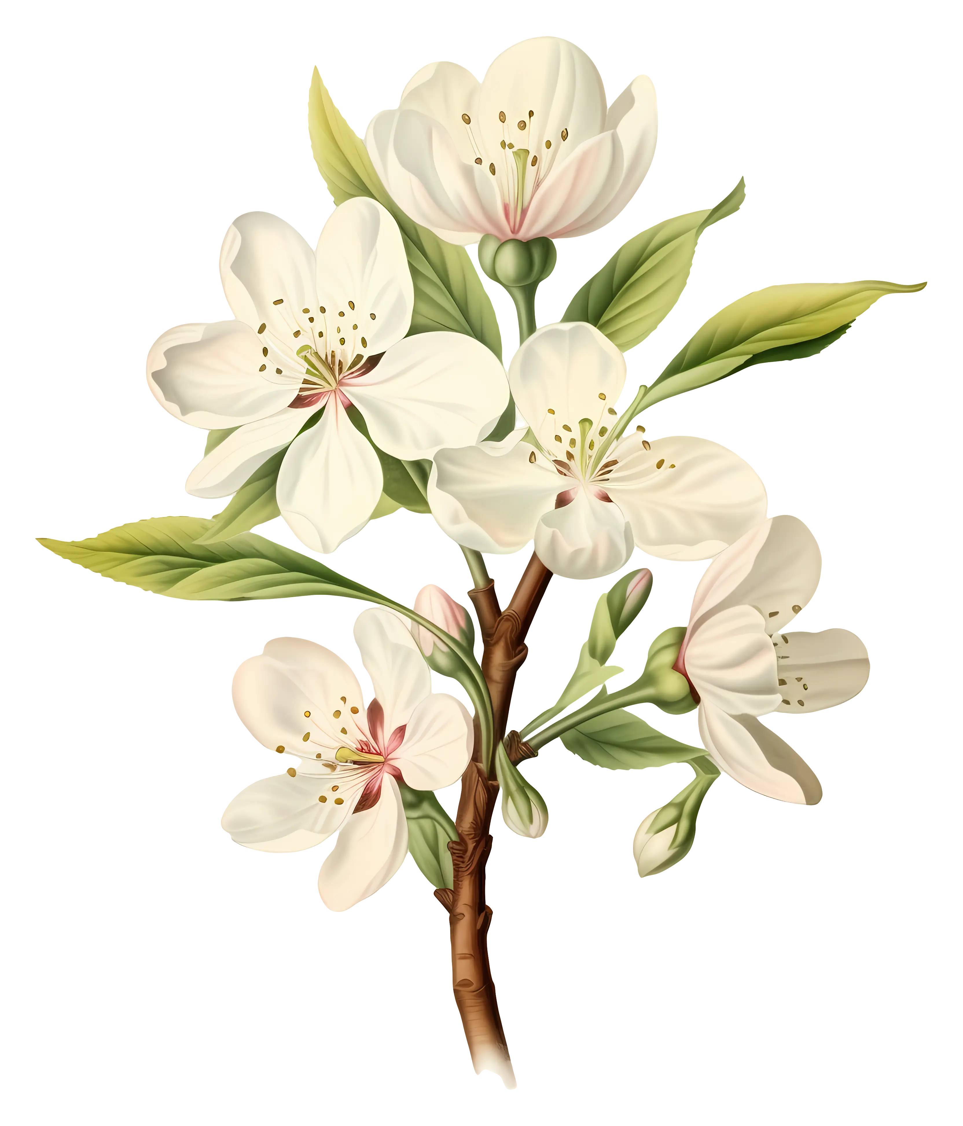 White Apple Blossoms with Buds and Leaves