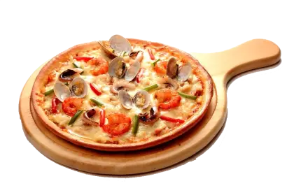 Seafood Pizza Served on Wooden Board