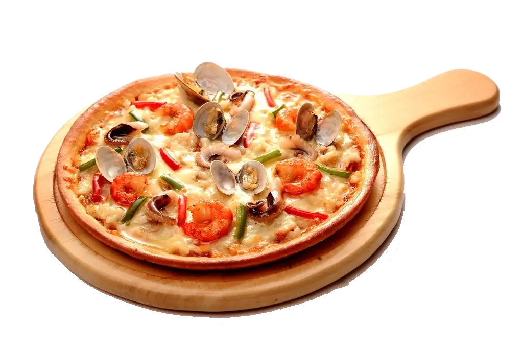 Seafood Pizza Served on Wooden Board