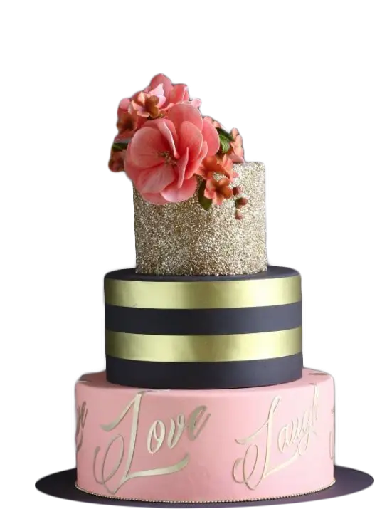 Elegant Cake with Flowers and Gold Glitter