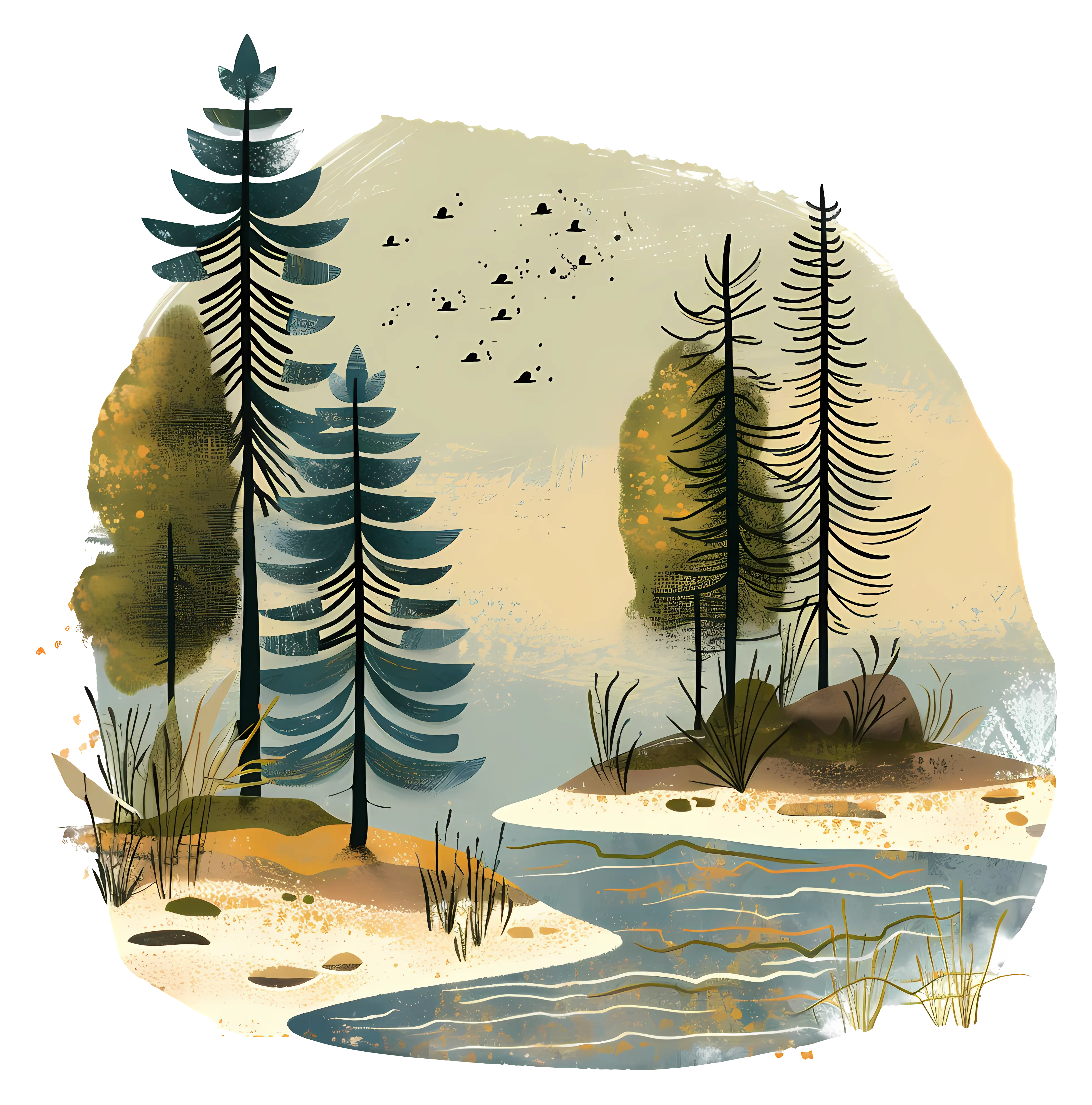 Serene Illustrated Forested River Scene