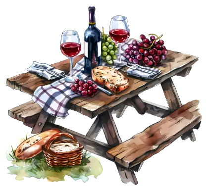 Picnic Table with Food and Wine