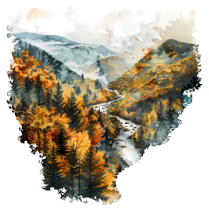 Beautiful Autumn Forest with River and Mountains