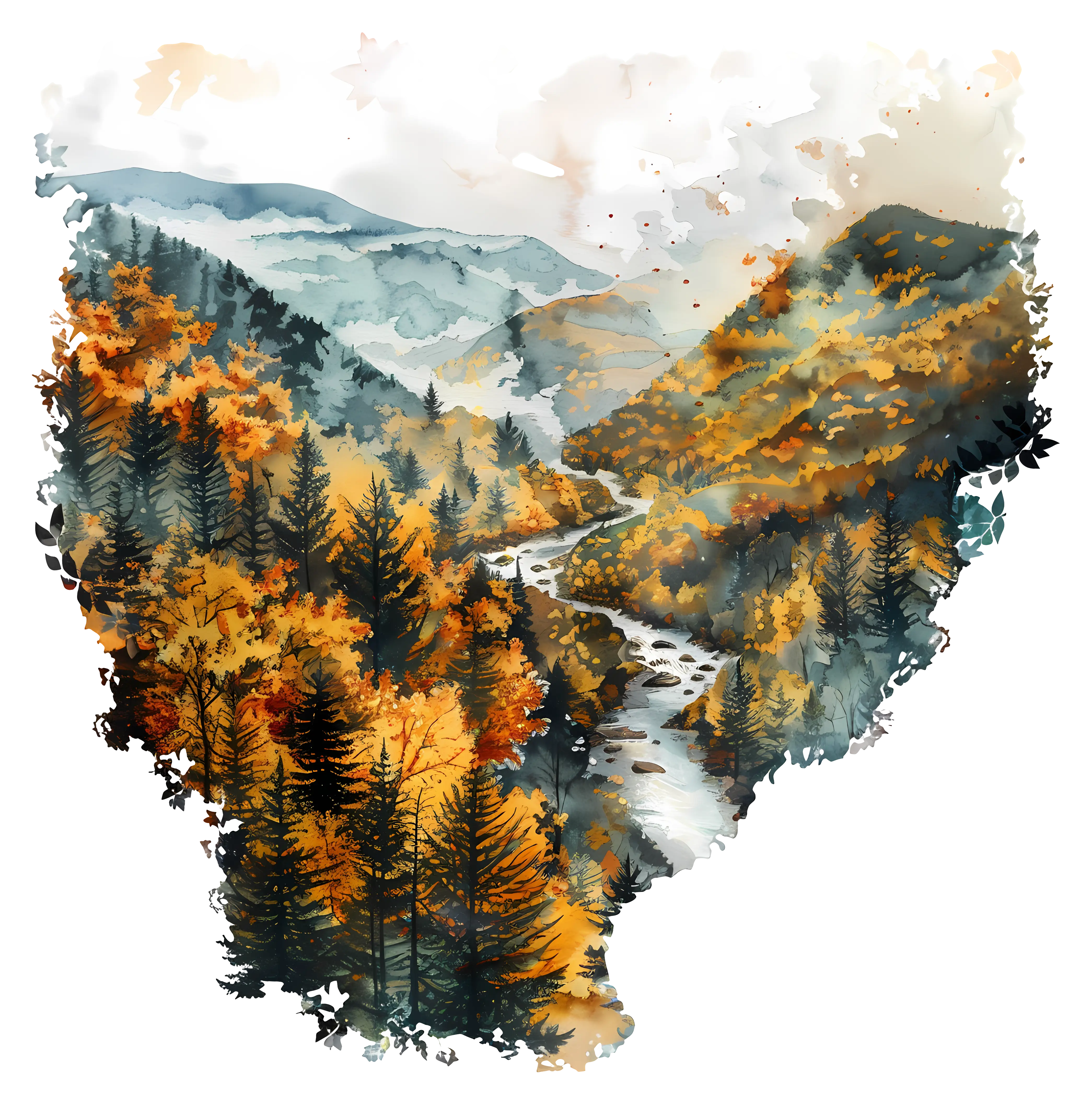 Beautiful Autumn Forest with River and Mountains