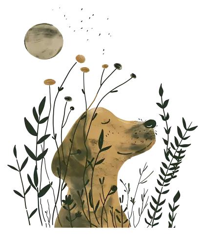 Dog in Nature with Flowers